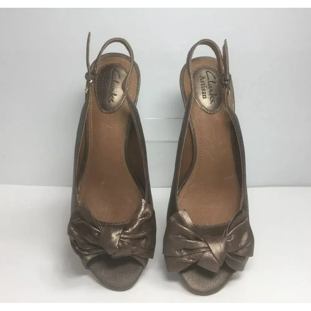 Clarks Artisan Slingback Wedge Shoes‎ Size 7.5 Women Brown Metallic Open Toe